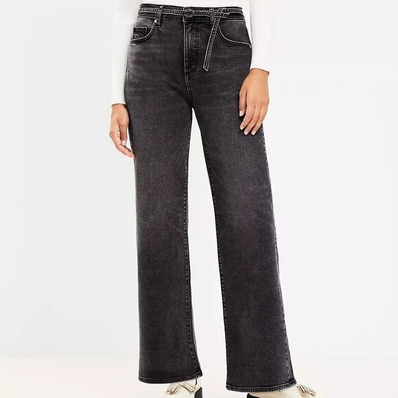LOFT Petite Belted High Rise Wide Leg Jeans in Washed Black Wash Size 26/2 NWT - Picture 1 of 12